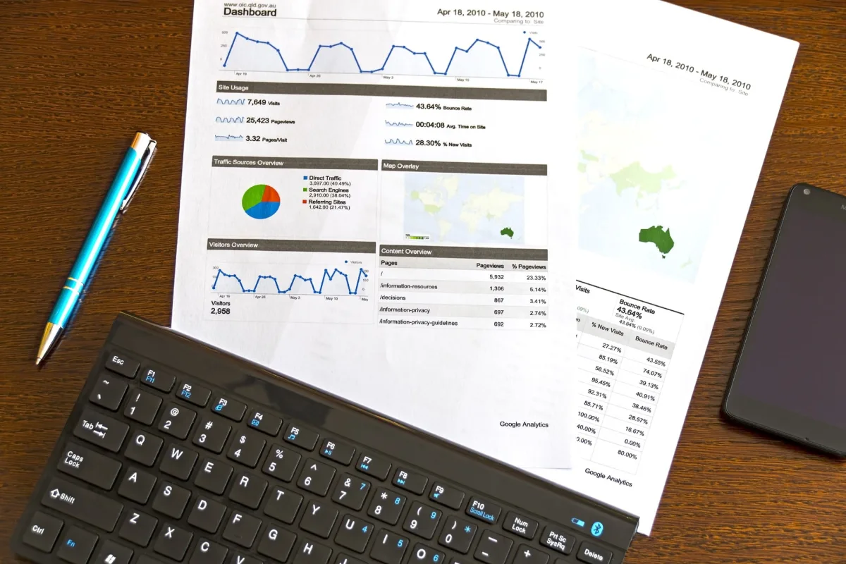Wydruk raportu Google Analytics z wykresami na biurku obok klawiatury