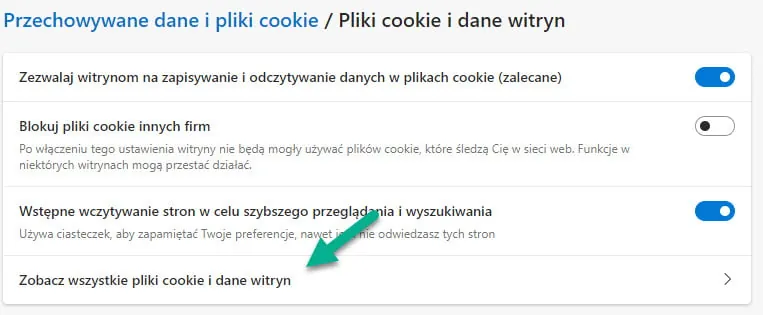 edge przechowywane dane wszystkie ciasteczka