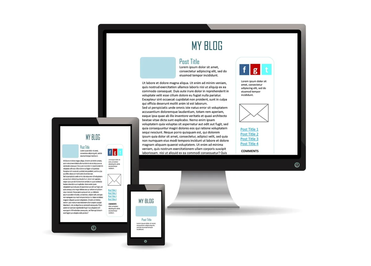 Ten sam blog wyświetlony na monitorze, tablecie i smartfonie