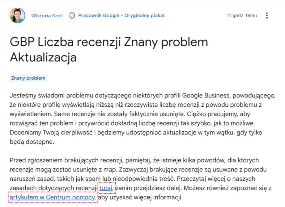 Wpis pracownicy Google na forum pomocy, oznaczony etykietą „Znany problem": część profili Google Business pokazuje zaniżoną liczbę recenzji, ale same recenzje nie zostały usunięte
