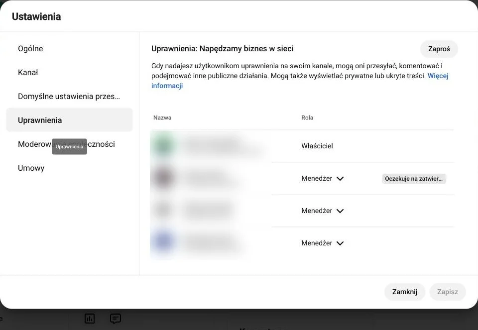 YouTube Studio: zakładka Uprawnienia z listą osób i przyciskiem Zaproś