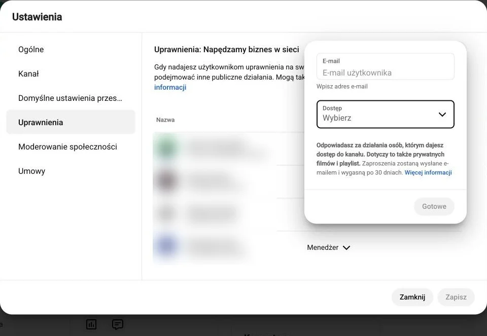 YouTube Studio: okno zaproszenia z polem e-mail i menu Dostęp