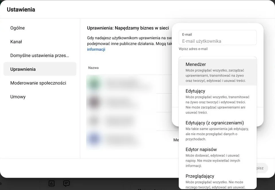 YouTube Studio: lista ról w menu Dostęp