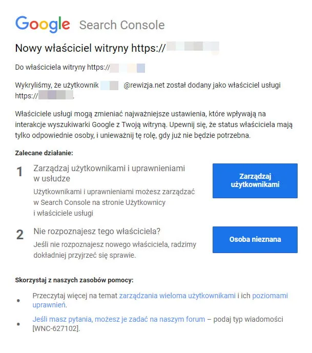 Google Search Console email