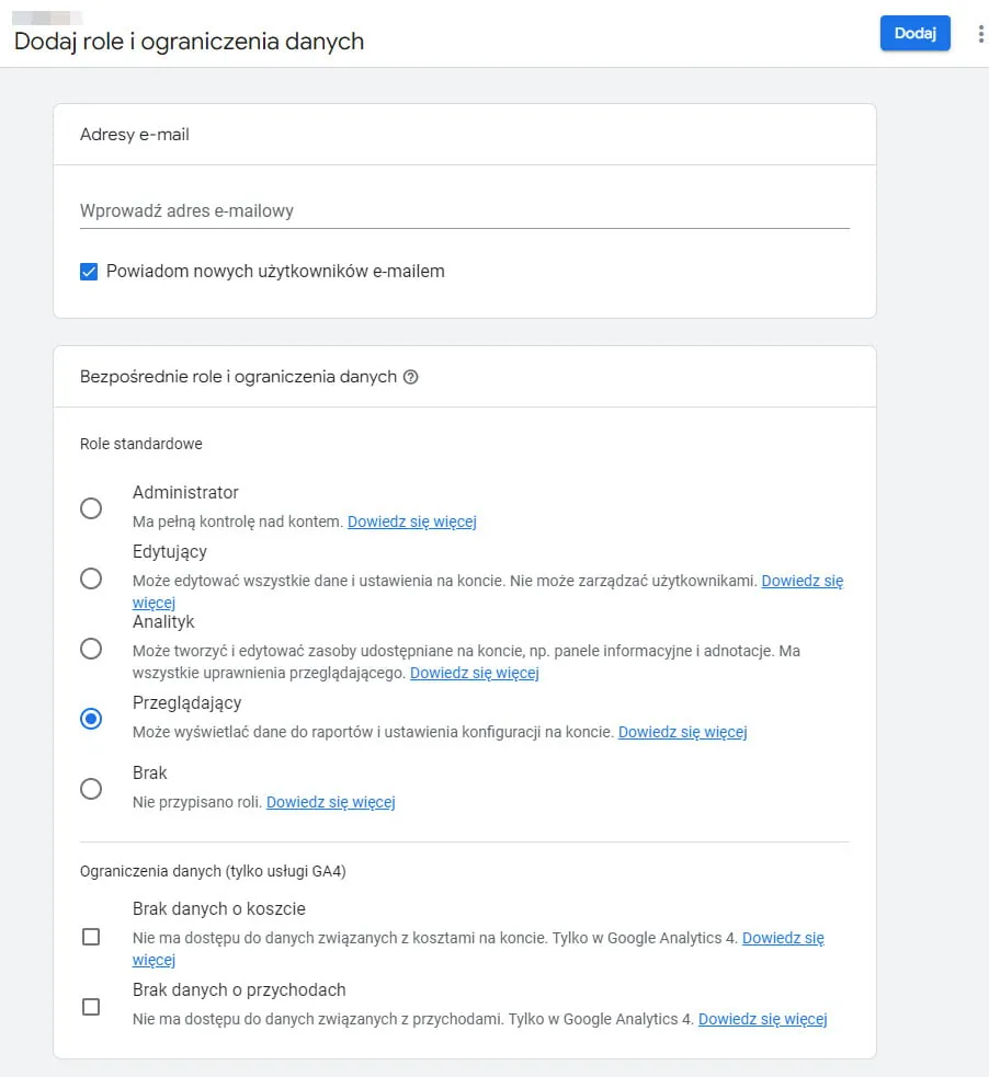 dodawanie roli Google Analytics