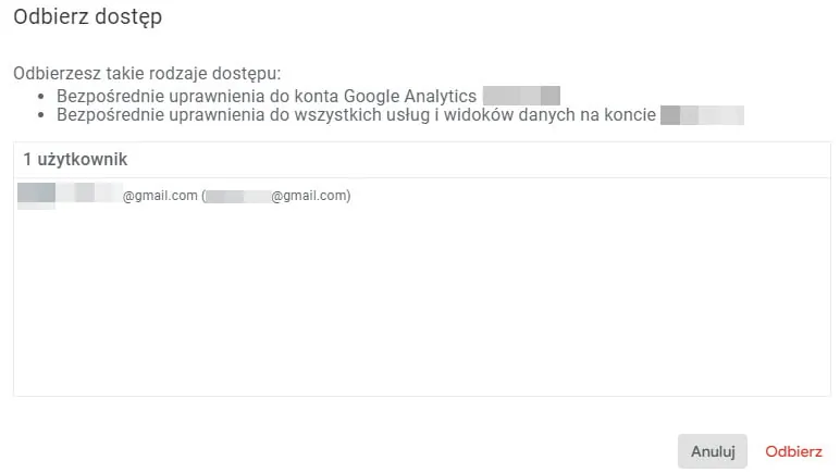potwierdzenie usuwania użytkownika GA