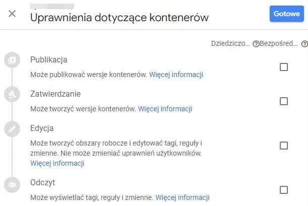 Menedżer Tagów uprawnienia do kontenerów