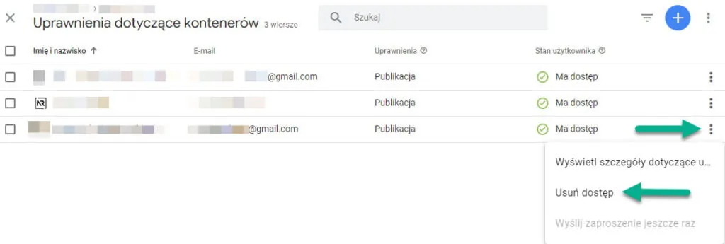 Tag Menedżer zarządzanie użytkownikami odbieranie dostępu