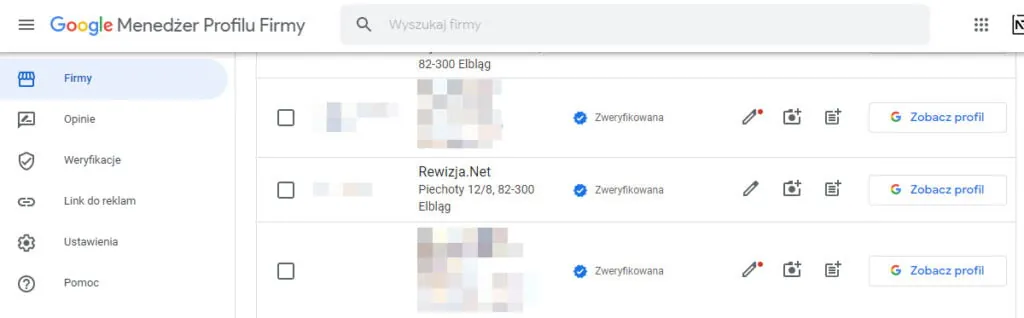 panel Menedżera Profilu Firmy