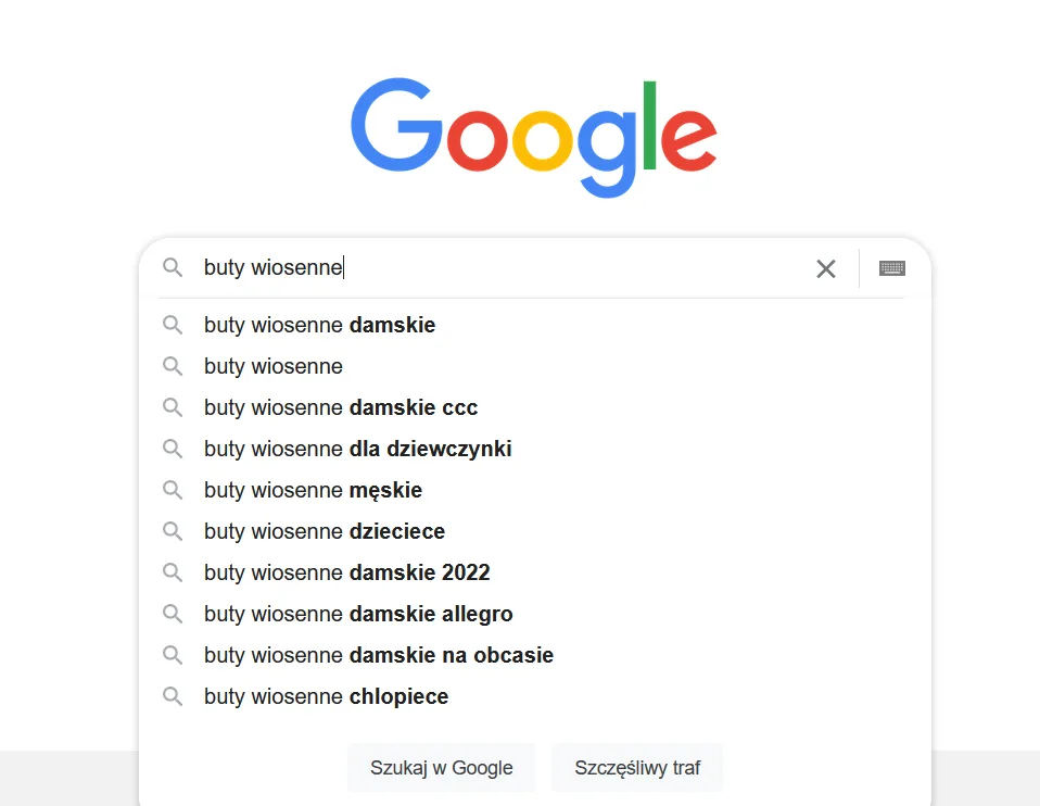 Podpowiedzi wyszukiwarki Google dla frazy buty wiosenne