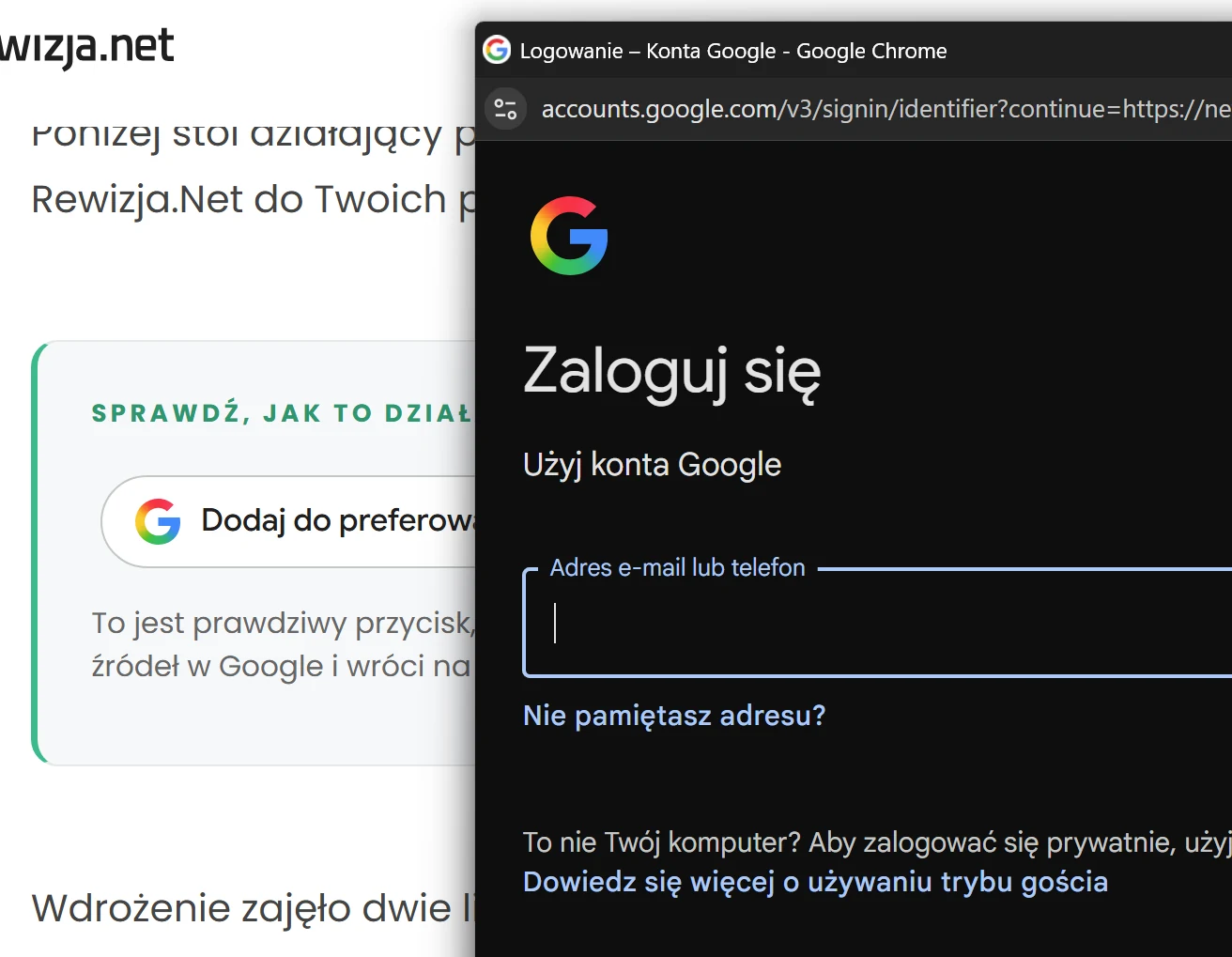 Kliknięcie przycisku „Dodaj do preferowanych źródeł” otwiera ekran logowania do konta Google zamiast panelu wyboru źródeł