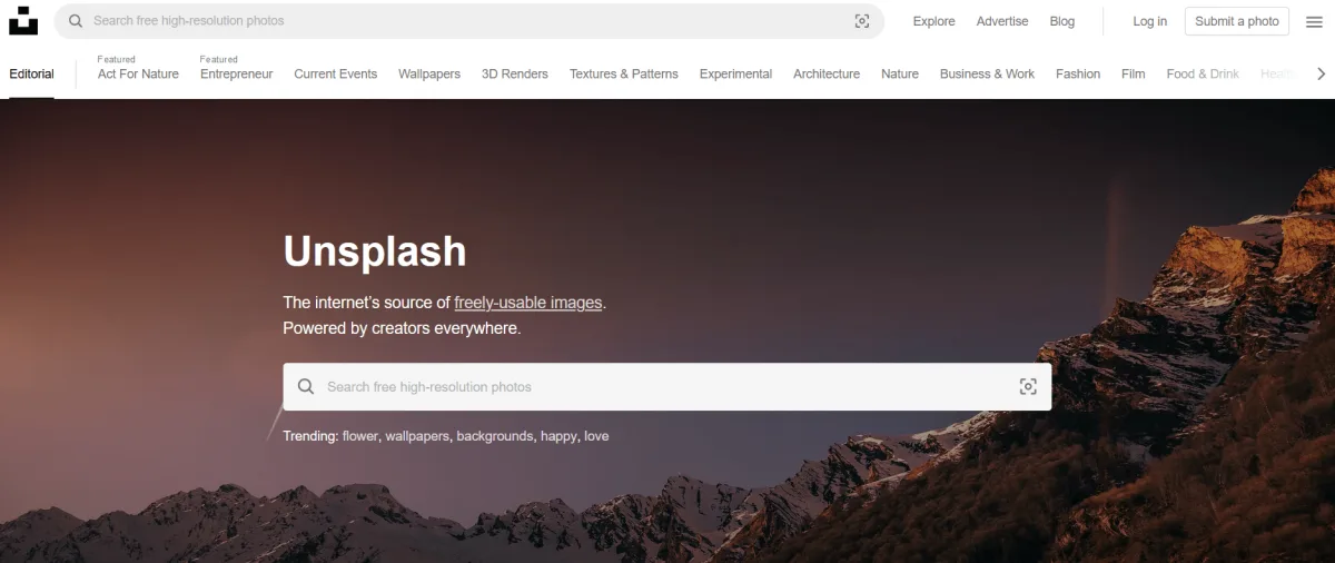 Strona główna banku zdjęć Unsplash z wyszukiwarką