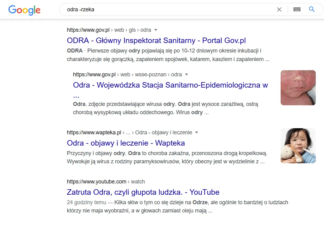 operator wykluczenie z wyników wyszukiwania