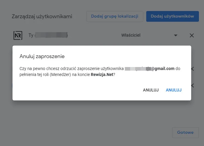 anulowanie dodawania użytkownika GMF