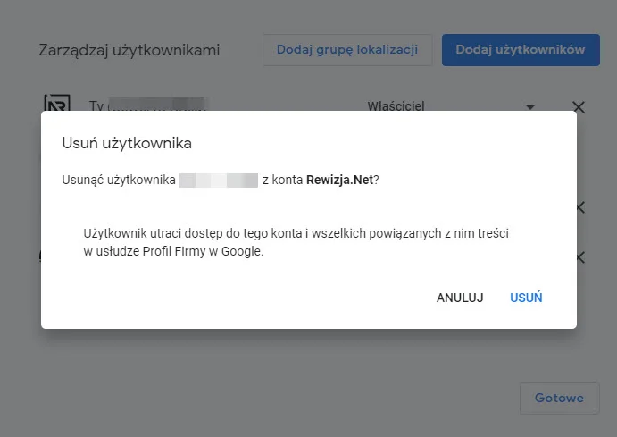 potwierdzanie usunięcia użytkownika GMF