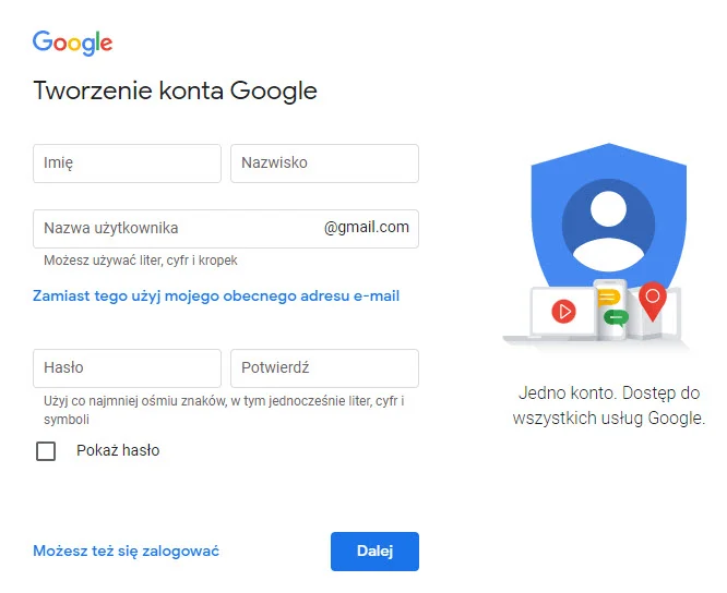 tworzenie konta Google