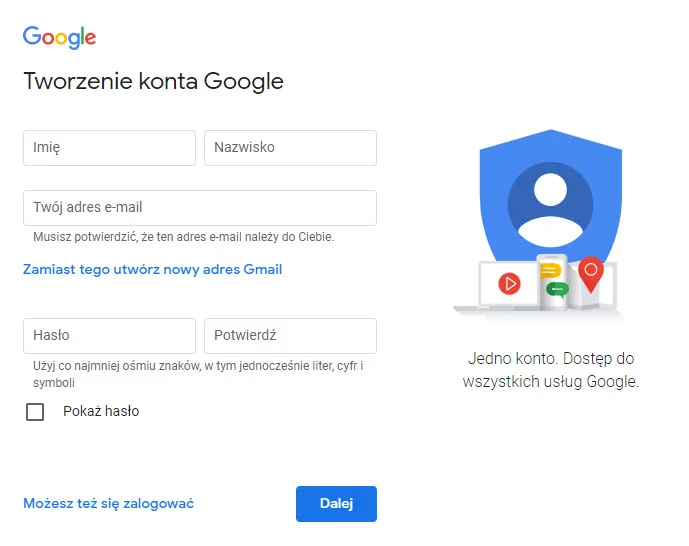 tworzenie konta Google